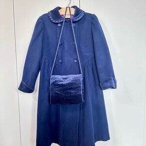 Vintage LAURA ASHLEY Mother & Child Navy Blue Wool Button Front Coat Muff 7-8